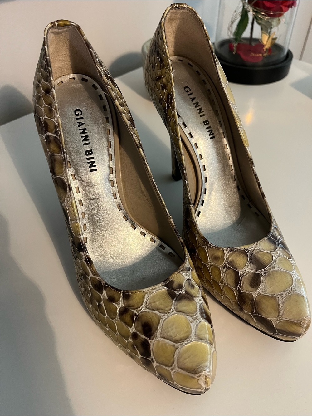 Gianni Bini Yellow-Tan Snake Print Pointed Toe Pumps
